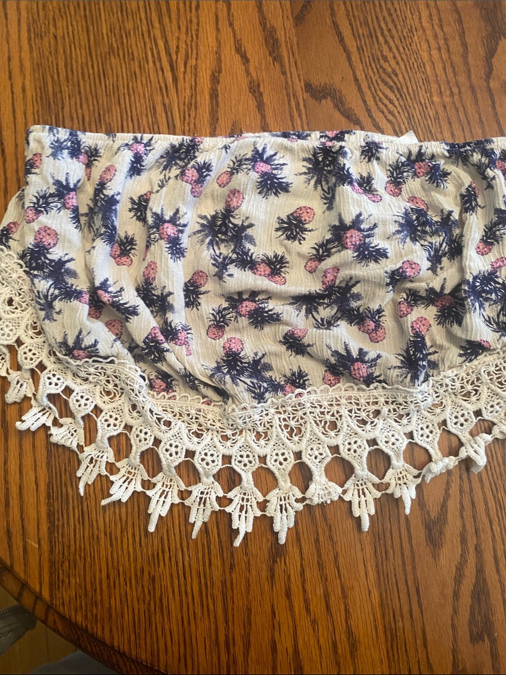 Boho Pineapple Crochet Hem Crop Top - White with Navy & Pink Pineapples